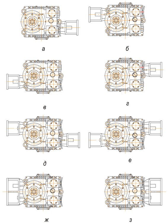 Схемы сборки редукторов серий АР24, АР34, АР44, вид сверху 